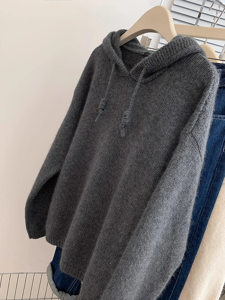 Women Sweater Autumn Winter Fashion Long Sleeve Tops Casual Loose Hooded Knitted Pullovers Korean Lazy Style Solid Color Sweater