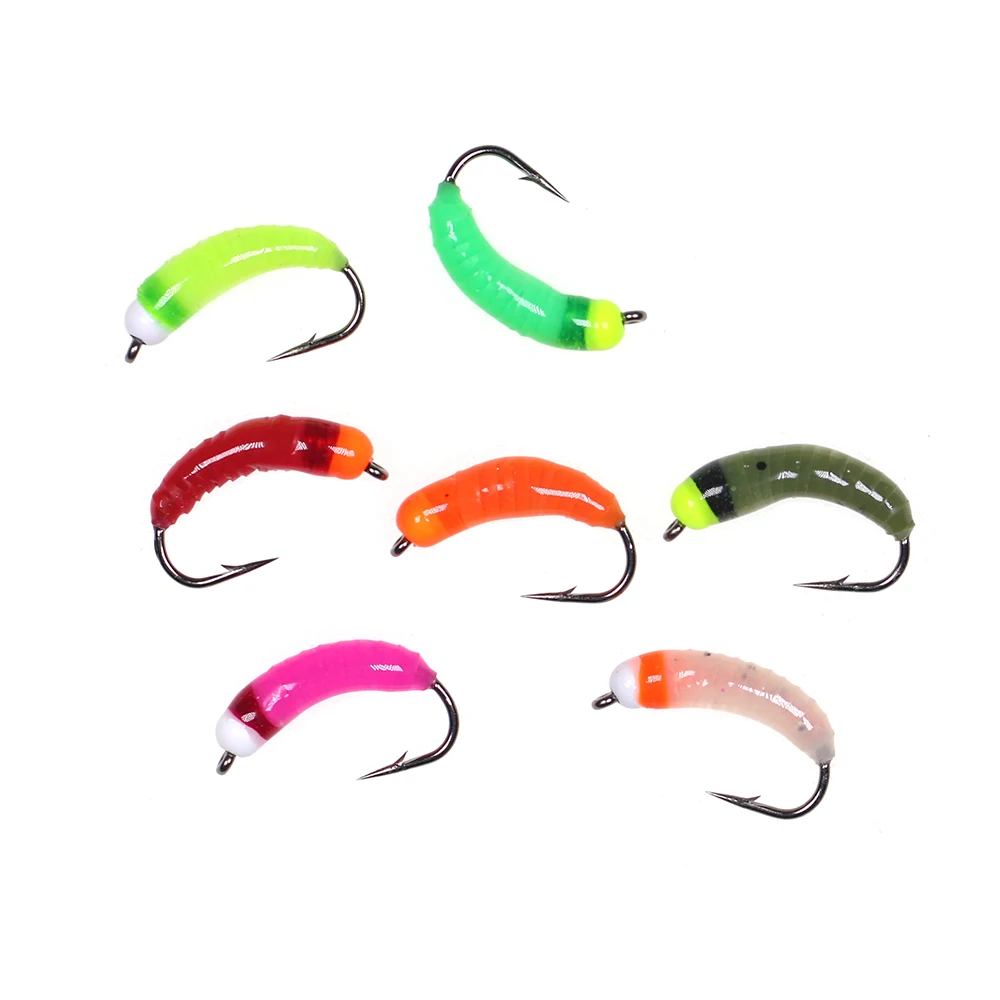 ICERIO 7pcs Tungsten Bead Head UV Glue Body and Silicone Skin Nymph Flies Luminous Scud Worm Fishing Lure Baits