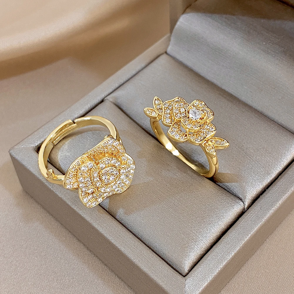 Exquisite Inlaid Shiny zircon Rose Adjustable Ring for Women Romantic Metal Copper Golden Flower Open Ring Female Jewelry Gift