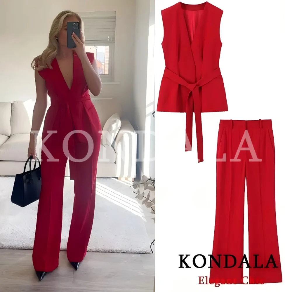 KONDALA Damen Trendiges Rotes Westen-Set V-Ausschnitt Gürtelweste Schlaghose Neu 2026 Frühling Herbst Elegante High-Street-Mode Damen-Set