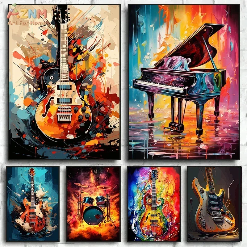 AZNM Graffiti Musical Instrument Canvas Wall Art Guitar Piano Drum Set Colorful Splash Abstract Music Studio Room Decor Poster U