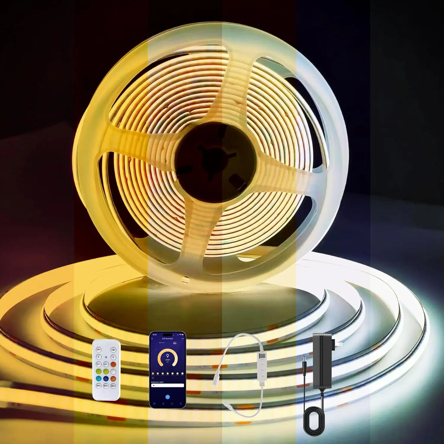 

CCT COB LED Strip Lights 16.4ft, Tunable White Warm White to Cool White LED Strip, 608LEDs/M DC24V Tape Light, CRI90
