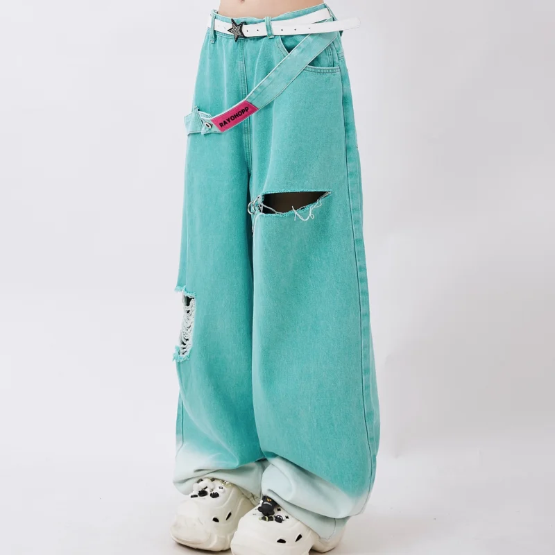 Blue Jeans Women Belt High Waist American Wide Leg Pants Y2K Style Fashion Streetwear Female Pants Autumn Straight Trousers