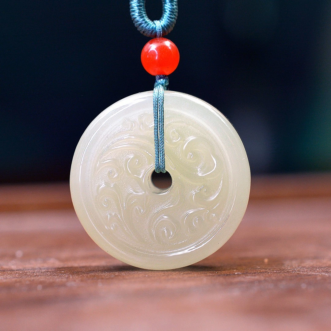 Genuine China Nephrite Stone White Jade Carving Donut Pendant Necklace Women Certified Jewelry Natural Hetian Jade Lucky Amulets