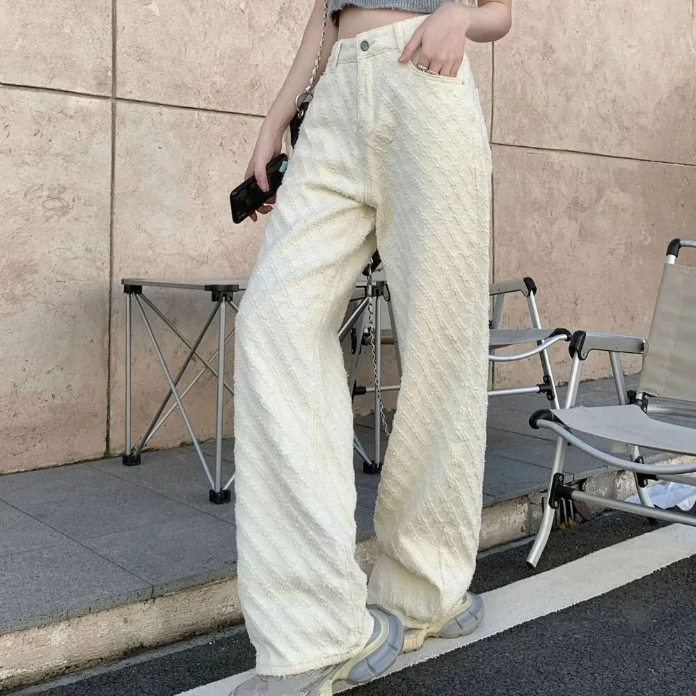 بسيطة شبكة الدينيم الجينز مستقيم الساق فضفاض كاوبوي السراويل الكورية جينز غير رسمي النساء Y2k الطرف