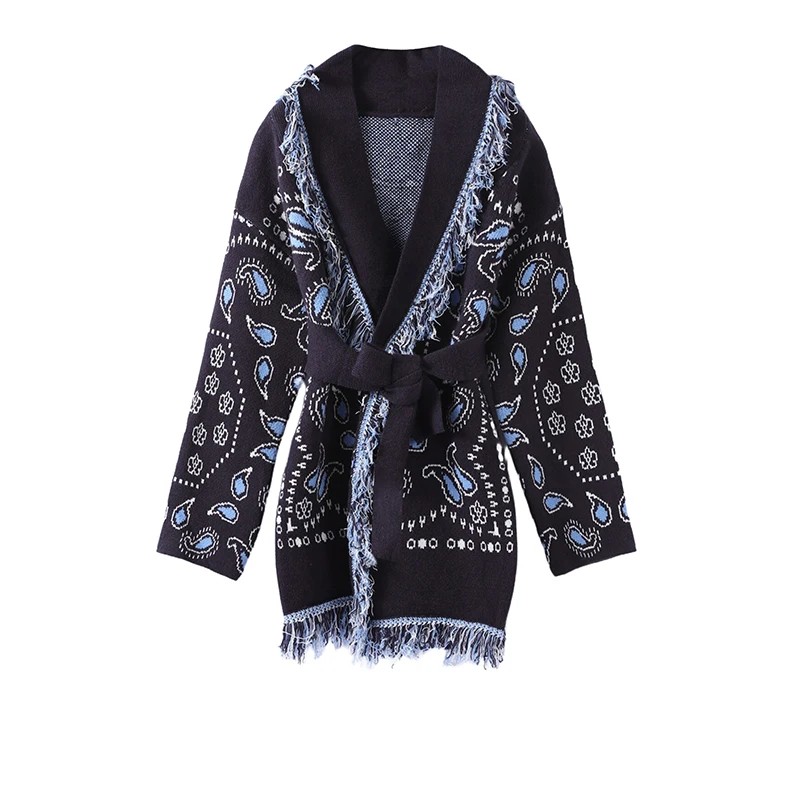 Vintage-Quasten-Druck-Damen-Cardigan mit V-Ausschnitt, Schnürung, volle Ärmel, gespleißte Pullover, 2025, Herbst-Dame, All-Match-Kintwears