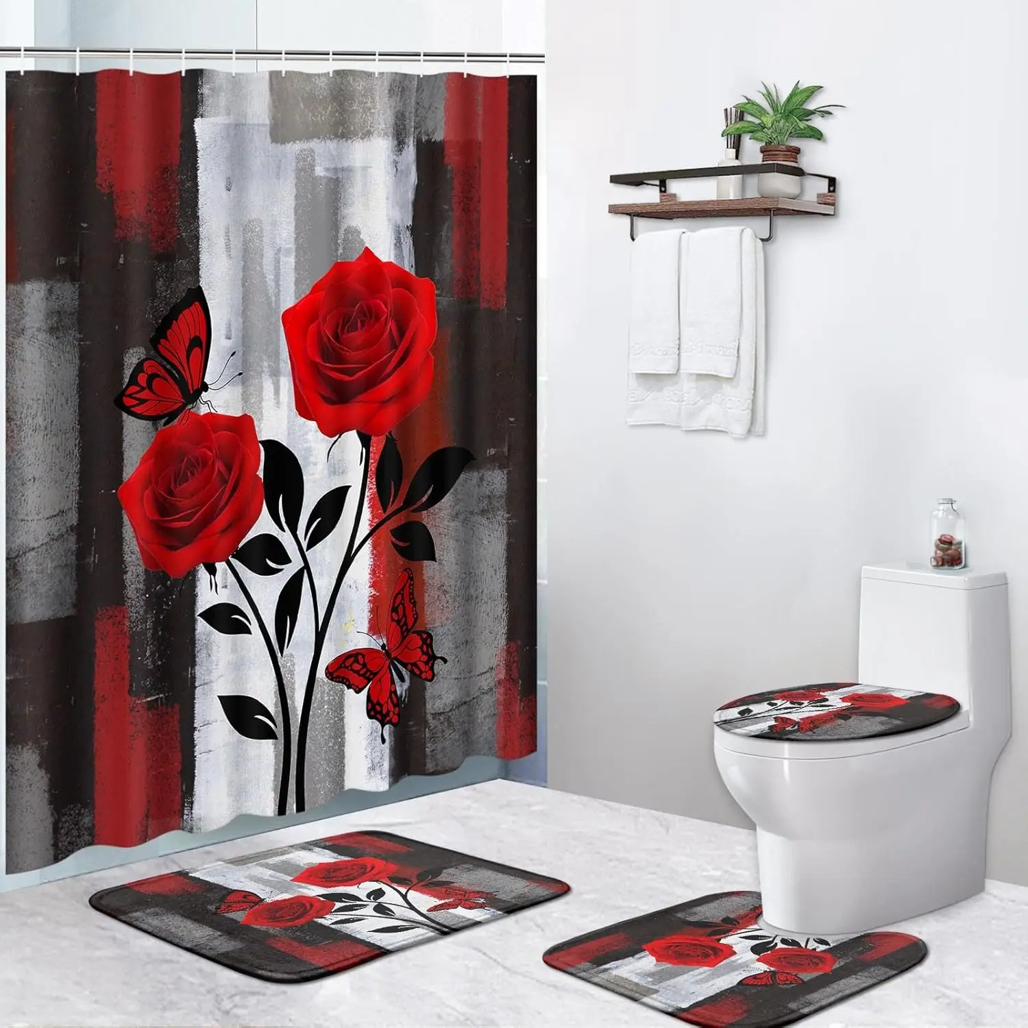 

4 Pcs Shower Curtain Sets, Red Rose Flower Summer Grey Abstract Waterproof Bathroom Sets with Non-Slip Rugs