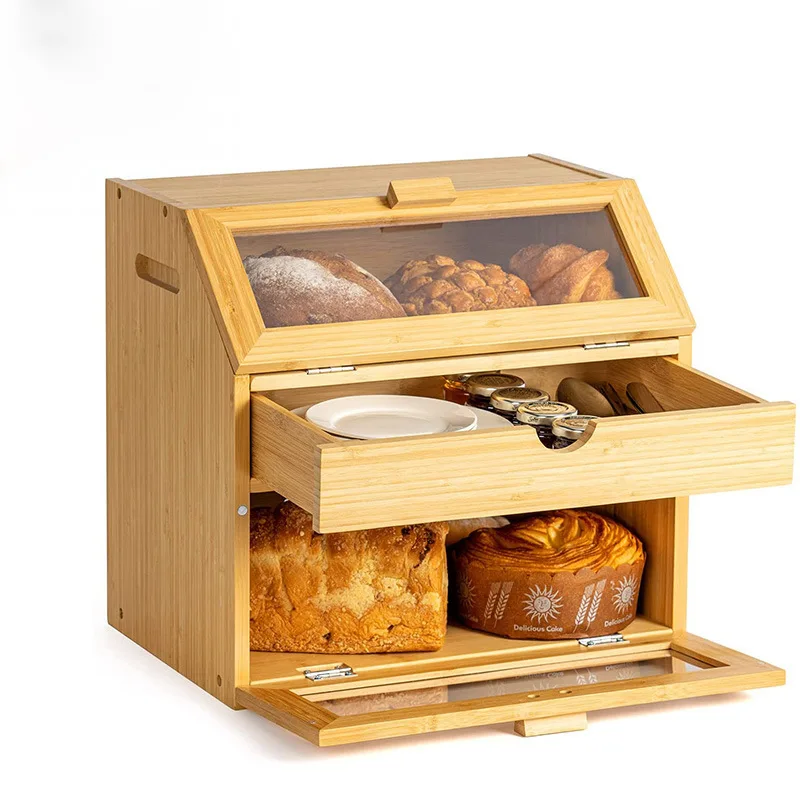 

Easy-open Bamboo Bread Box with Lid Drawer Food Storage Container