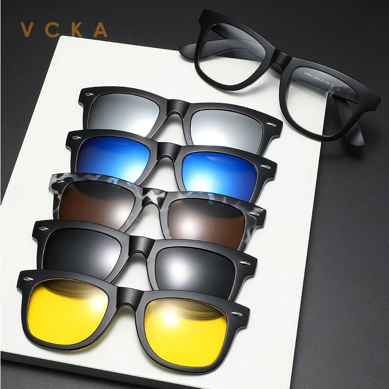 VCKA 6 In1 Men Polarized Myopia Sunglasses Classic Optical Magnetic Clip  Prescription Custom Women Glasses Frame -0.5~-10