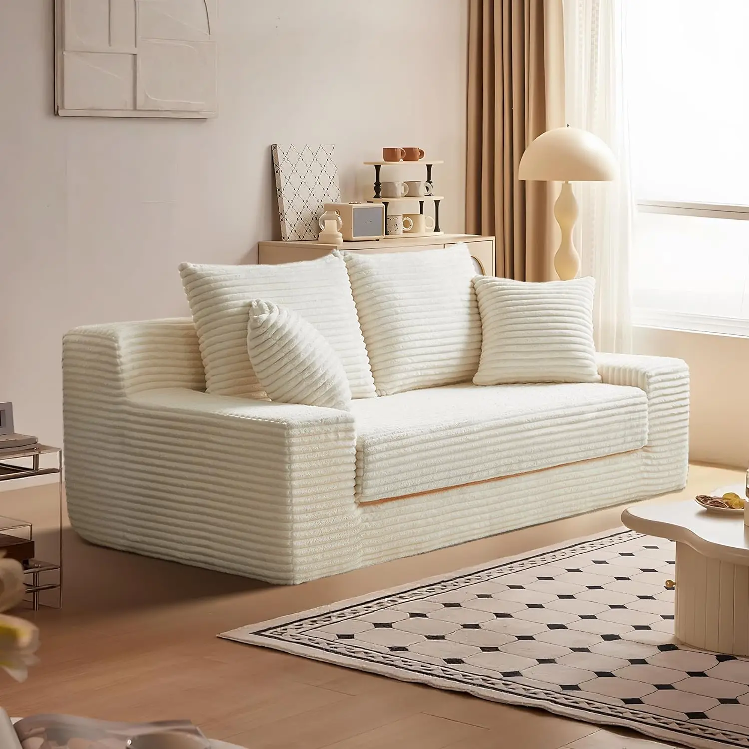 أريكة بمقعدين مقاس 70.9 بوصة، أريكة بمقعدين من قماش الفلانيل، أريكة بمقعدين منجدة حديثة للترفيه مع وسادتين،