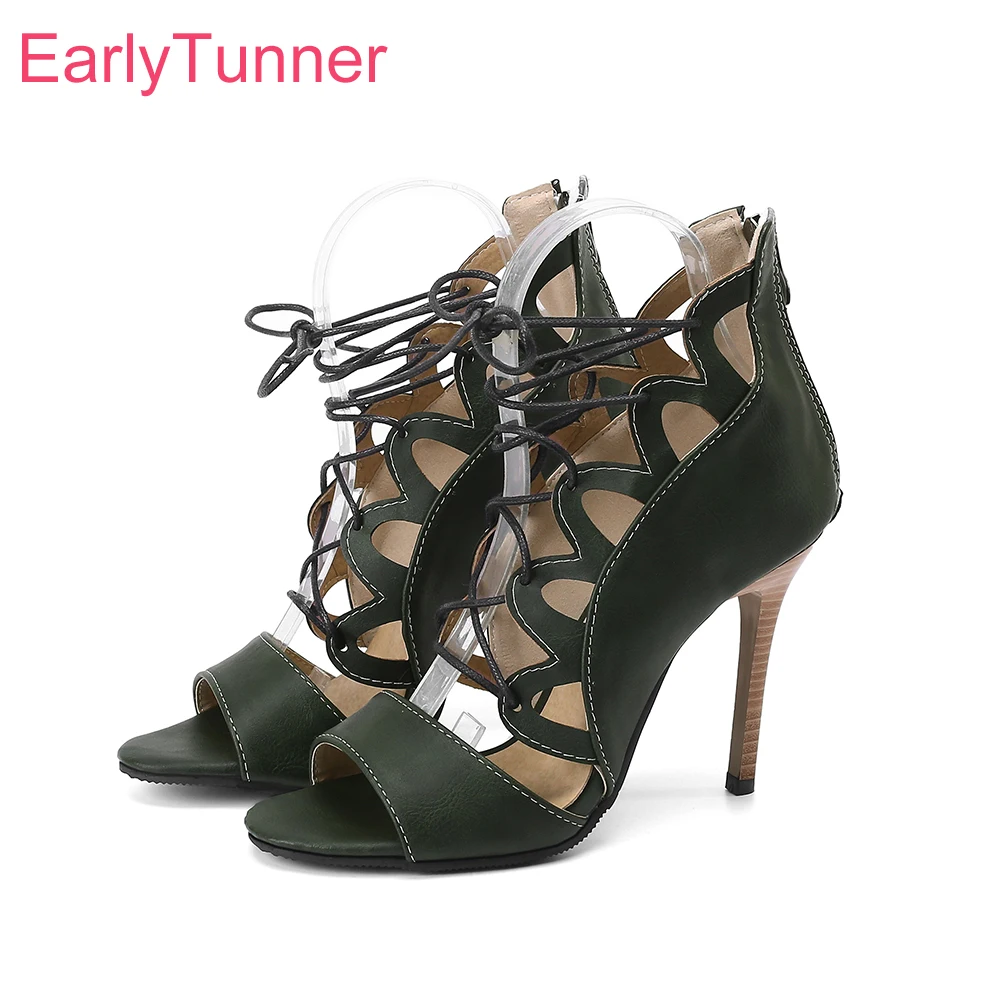 

New Comfortable Dark Green Beige Women Dress Sandals Sexy High Thin Heel Lady Shoes Plus Small Big Size 12 32 43 45 50