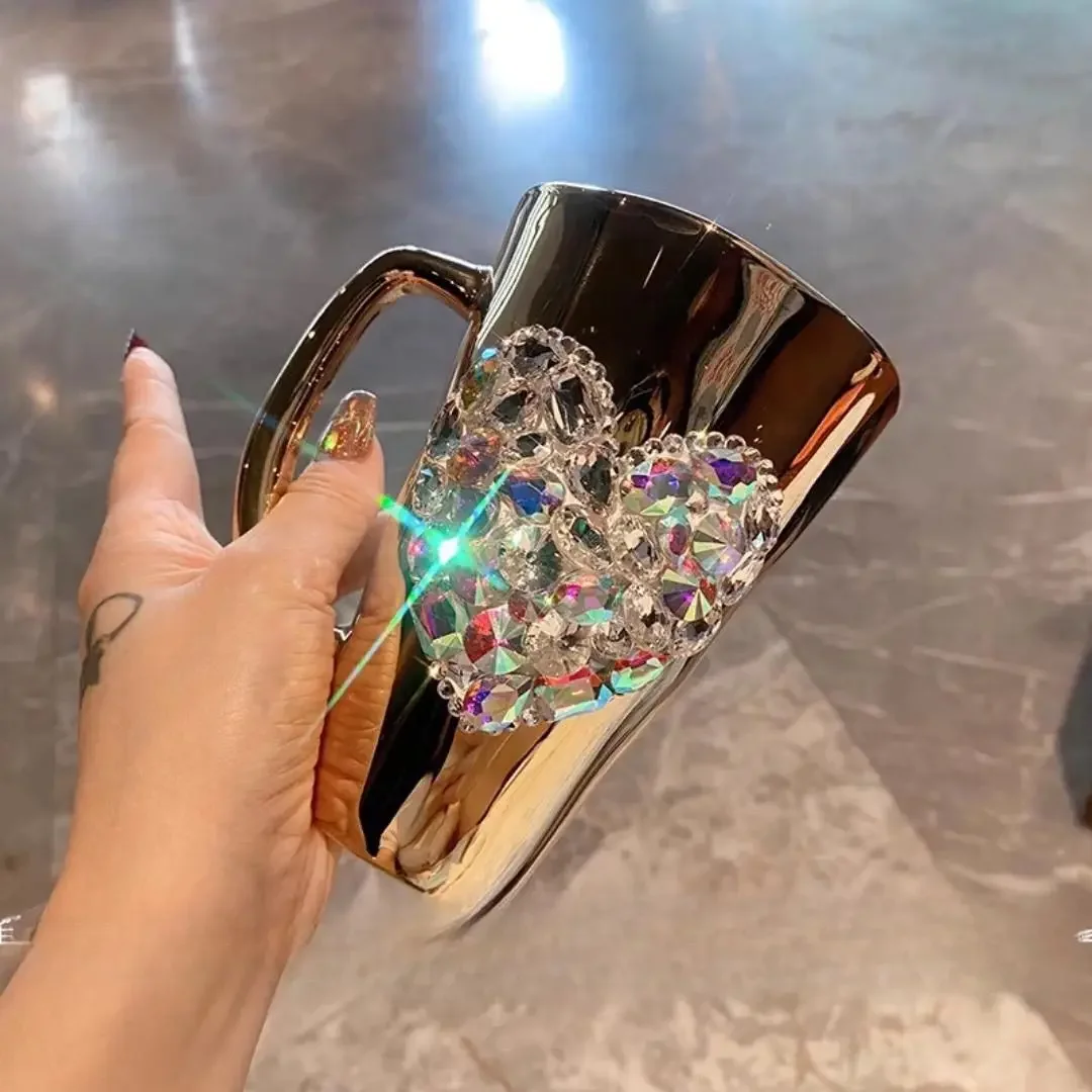 Sparkling Heart Diamond-encrusted Glass Coffee Mug Cup Light Luxury Tempered Glass Milk Tea Beverage Cup With Handle Water Mugs