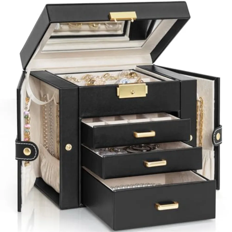 

4-Tier Jewelry Box Leather Jewelry Storage Organizer with 3 Drawers Lockable for Women Girls Ring Necklace Earring Bracelet Hol