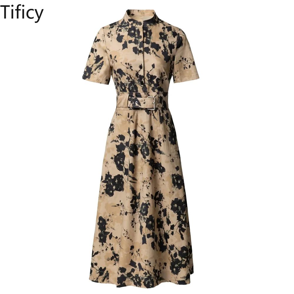 

100%cotton High Quality Women's Early Autumn New Standing Collar Chinese Style Direct Spray Bee Embroidery Loose Party Dress