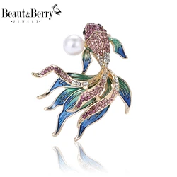 Beaut&Berry Fine Rhinestone Pearl Goldfish Brooches for Women Animal Pins Friends Party Gifts Banquet Jewellery Accessories