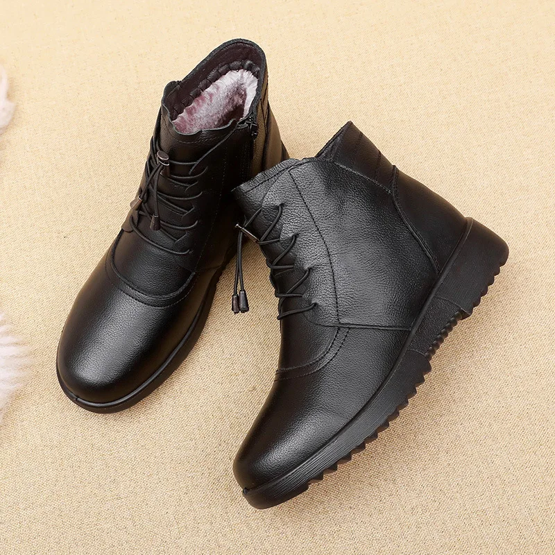 Winter Women Genuine Leather Flats Non-slip Ankle Boots Female Thick Plush Warm Snow Boots Mother Waterproof Non-slip Booties