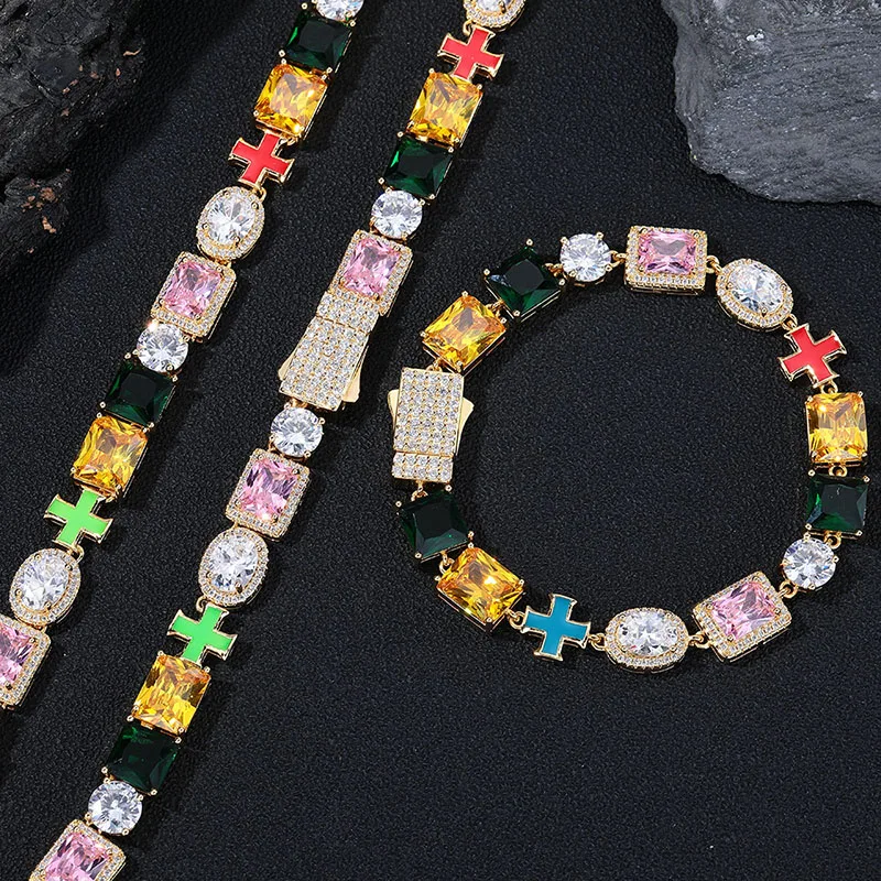 Hip Hop 5A+ CZ Stone Bling Iced Out Cross Chain Necklace for Men Rapper Colorful Jewlery Gold Silver Color