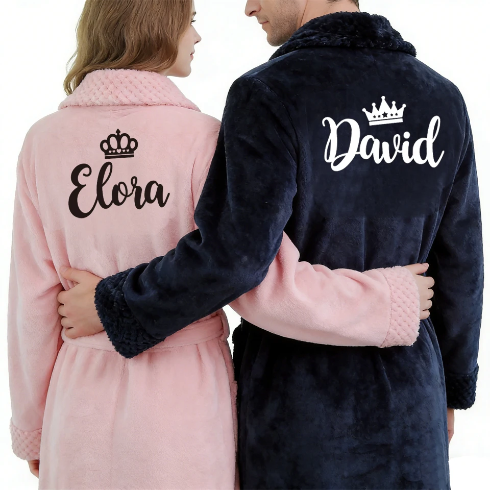 

Personalized Name and Date Flannel Bathrobe King and Queen Bathrobes Birthday Party Gift Winter Homewear Add Any Text Robes