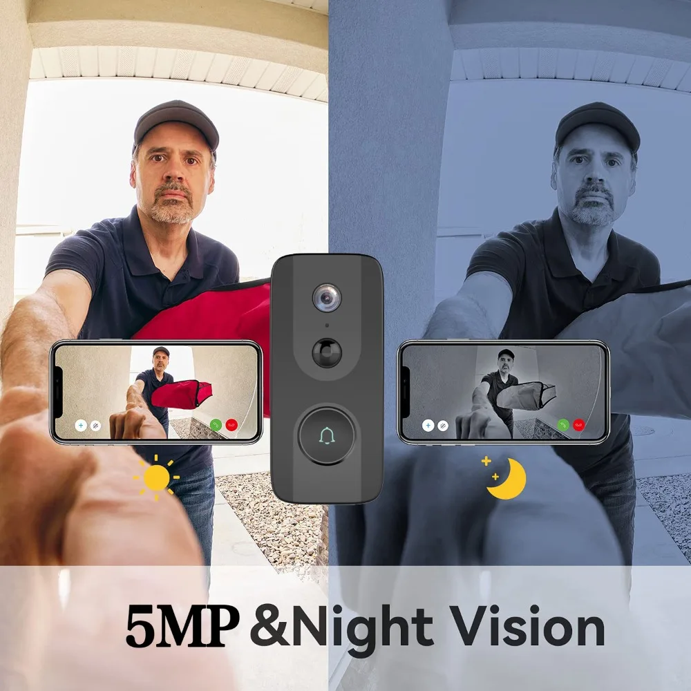 5MP Wireless Wifi Video Doorbell Camera Home Safety Battery PIR Human Motion Detection High Definition Doorbell Second Wire