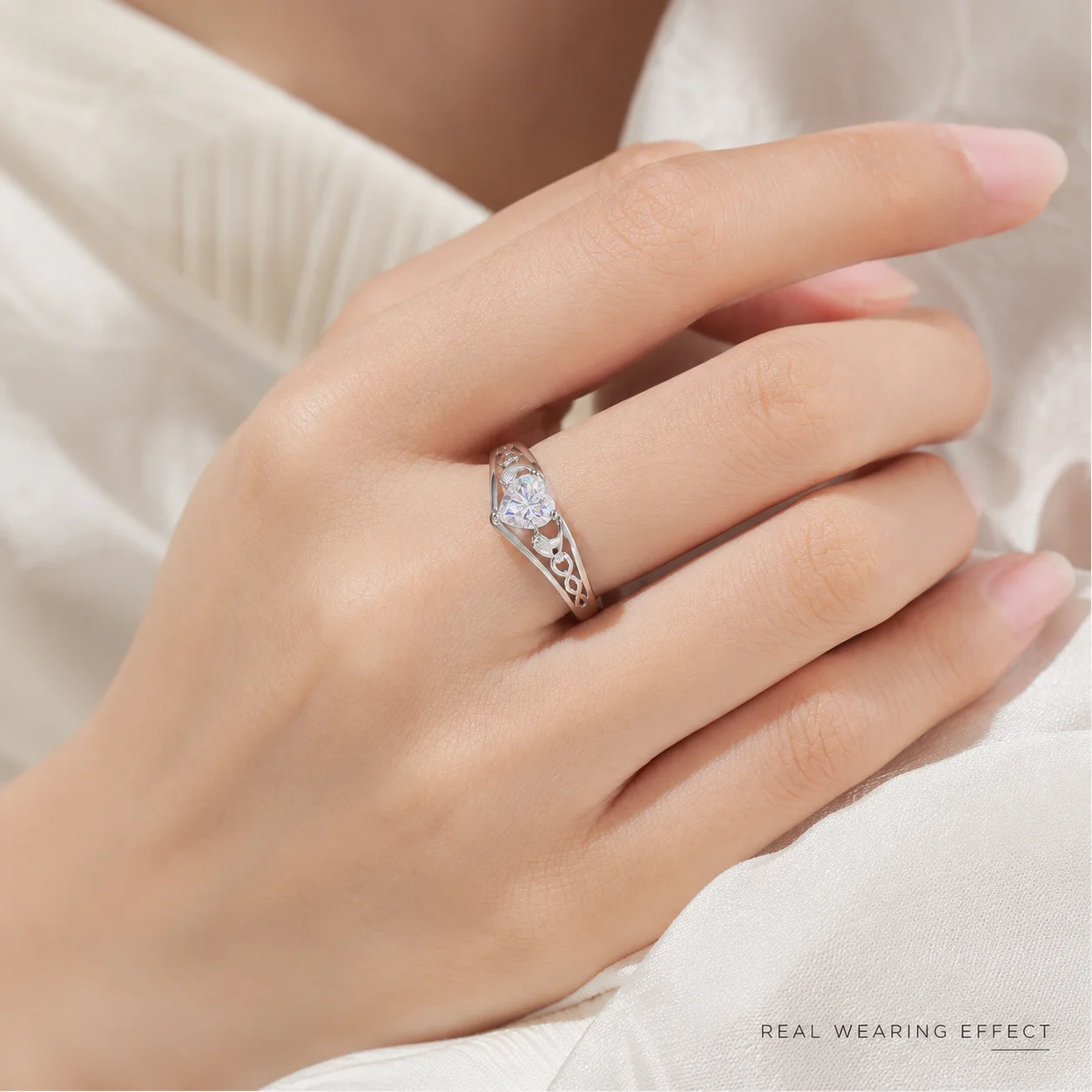 LongZhe S925 Sterling Silver Moissanite Ring Heart Shape 6x6mm Openwork Band Silver 925 Rings Sweet Daily Jewelry Gift for Her