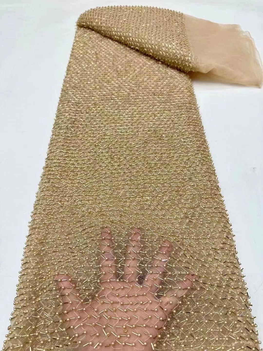

High Quality African Lace Fabric Gold French Net Beaded Fabric Sewing Embroidered Lace Tulle Nigerian Beads Lace Fabric 5Yards