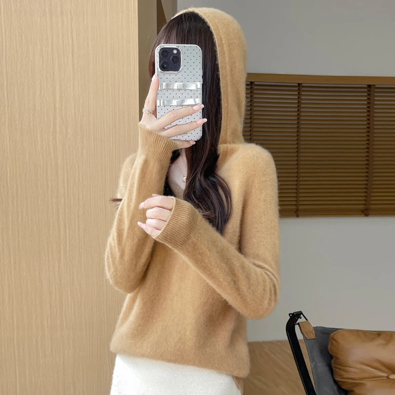 Autumn And Winter New First-Line Ready-To-Wear Cashmere Hooded Knitted Bottoming Shirt Loose Pullover Sweater Wool Hoodie