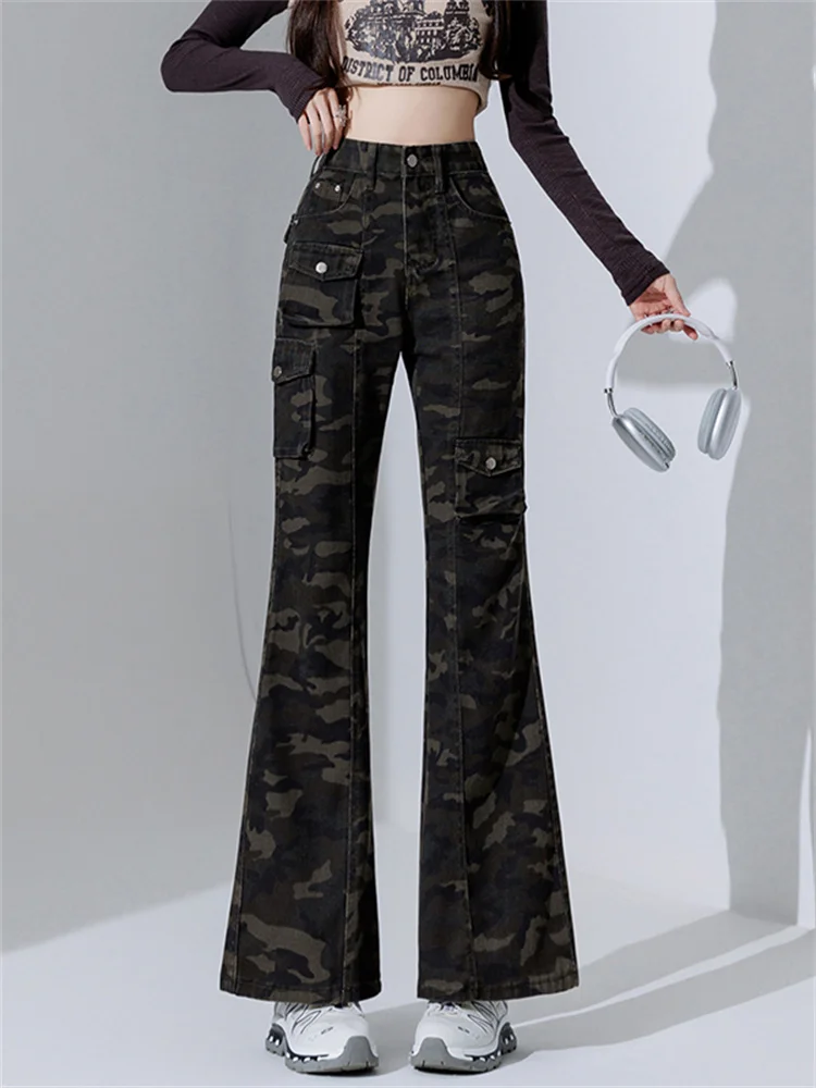 

2025 Camo Cargo Jeans Women American High Waist Wide Leg Trousers Multi Pocket Loose Slim Fit Flared Denim Pants