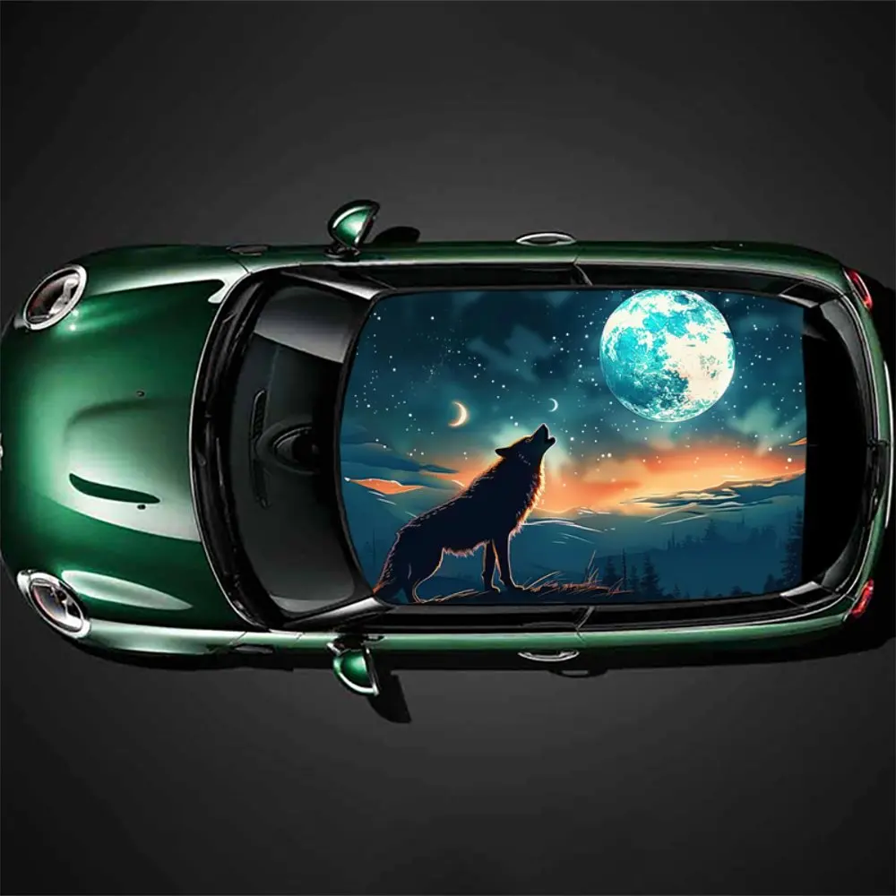 Beauty Starry Sky Roaring Wolf Car Roof Sticker Wrap Racing SUV Auto Accessories Packaging PVC Car Hood Graphic Decal Decoration