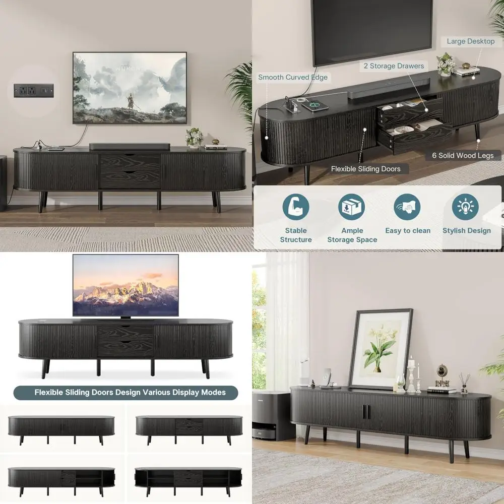 Mid Century Modern Farmhouse TV Stand with Charging Station, Curved Edge Media Console Table, Drawer Storage for Entertainment C