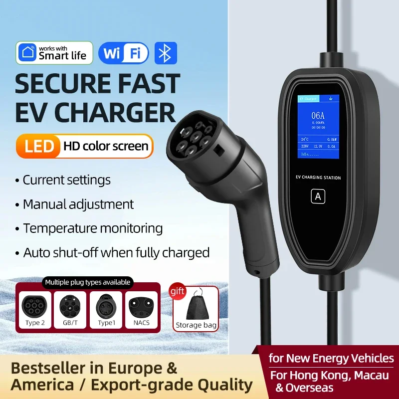 

Adjust 16A 3.68 KW Portable EV Charger Type 2 Type1 Wall box Charging For Eletric Vehicle Cars EVSE Total Length 5M 10M