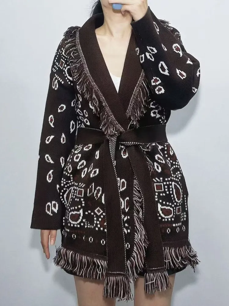 

Thiened Bla вязаный шерстяной кардиган с кисточками, длинный уличный свитер с v-образным вырезом, свободный крой, свитер средней длины на осень-зиму