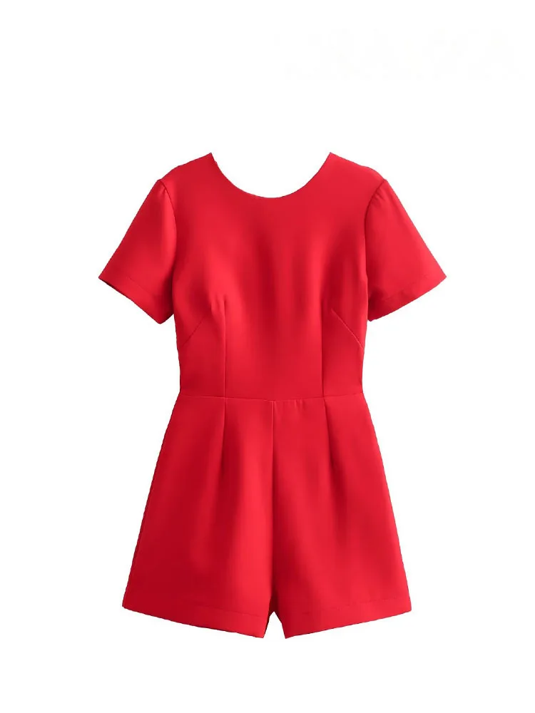 HH Jumpsuit Wanita Musim Panas Model Chic Warna Merah Kerah O Lengan Pendek Punggung Terbuka Hiasan Pita Romper Gaya High Street