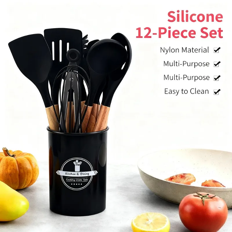 12Pcs Silicone Cooking Utensils Set For Handle Non Stick Pot Kitchenware Set Storage Bucket Resistant Accessoires kitchenware