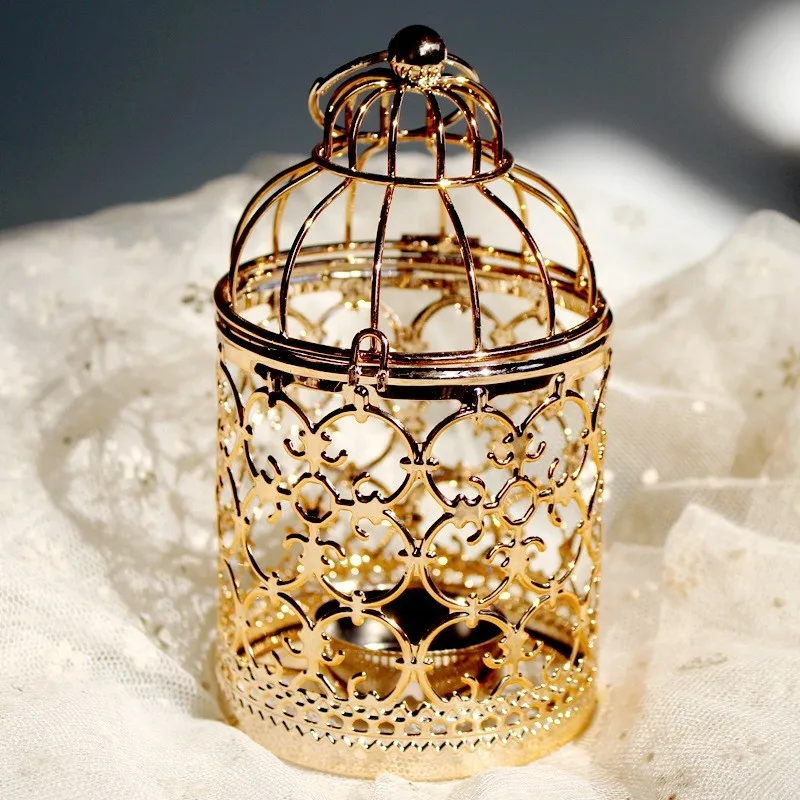 Metal Bird Cage Wedding Candle Holder Golden and Silver Creative Candelabros Hollow Hanging Lantern Vintage Small Candlesticks