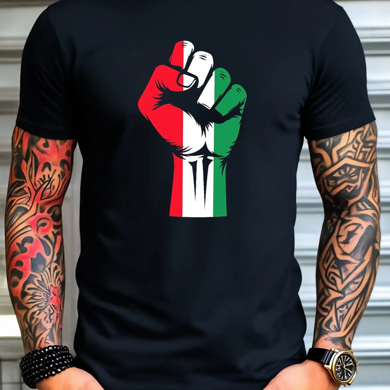 2026 Men'S Patriotic Fist Graphic T-Shirt Micro-Stretch Regular Fit Casual Summer Tee with Italian Flag Design Men Clothing