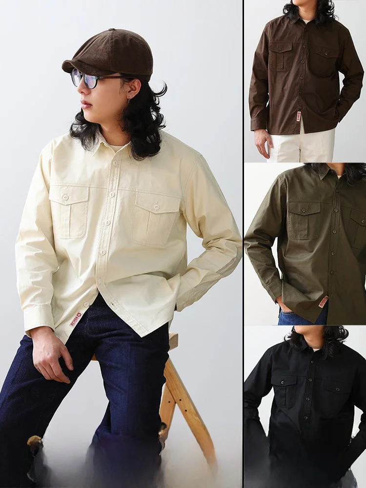 

Heavyweight Pure Cotton Long Sleeve Shirt Men's Slim Fit American Retro Workwear Single Color Shirt Youth Fashion Standard Fit