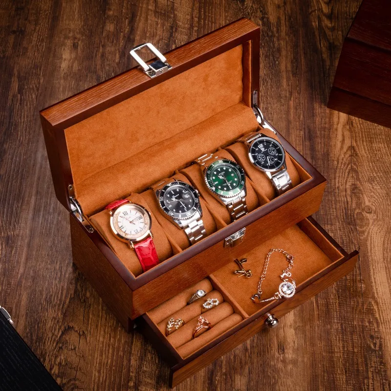 4 Slots Double Layer Watch Box Wooden Dustproof Watches Boxes Multipurpose Ring Bracelet Storage Cases Jewelry Display Gift Box