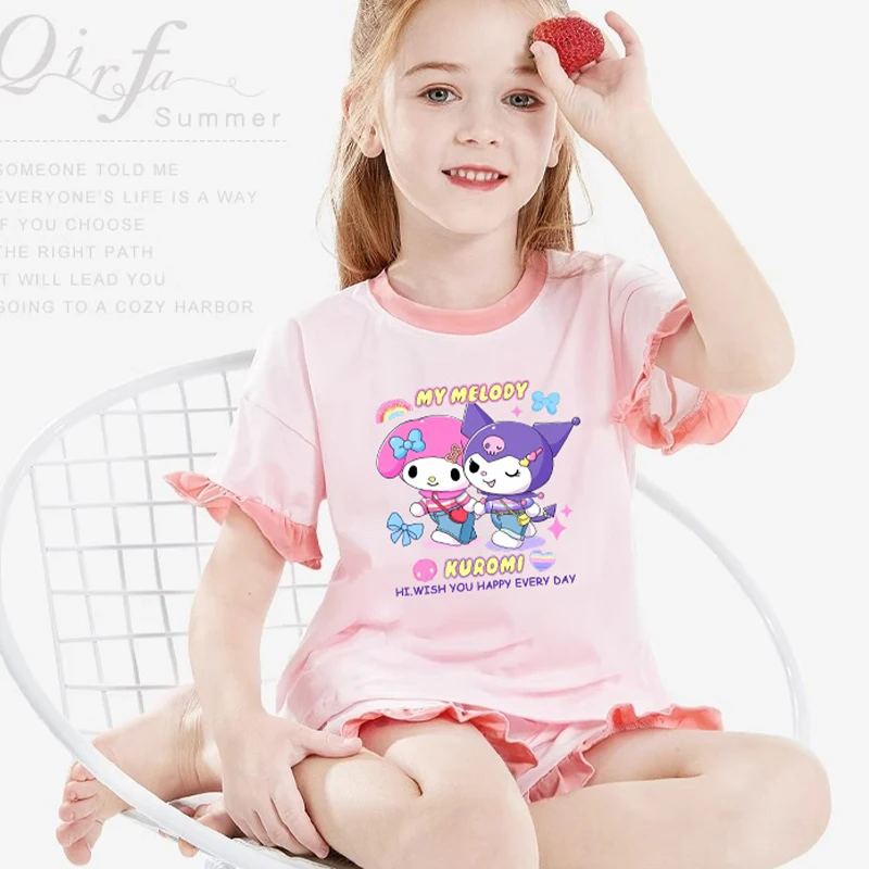 Sanrio 2024 New Girls Home Clothes Set Pajamas Modal Lightweight Breathable Two-Piece Set Cartoon Kuromi My Melody Girls Gift