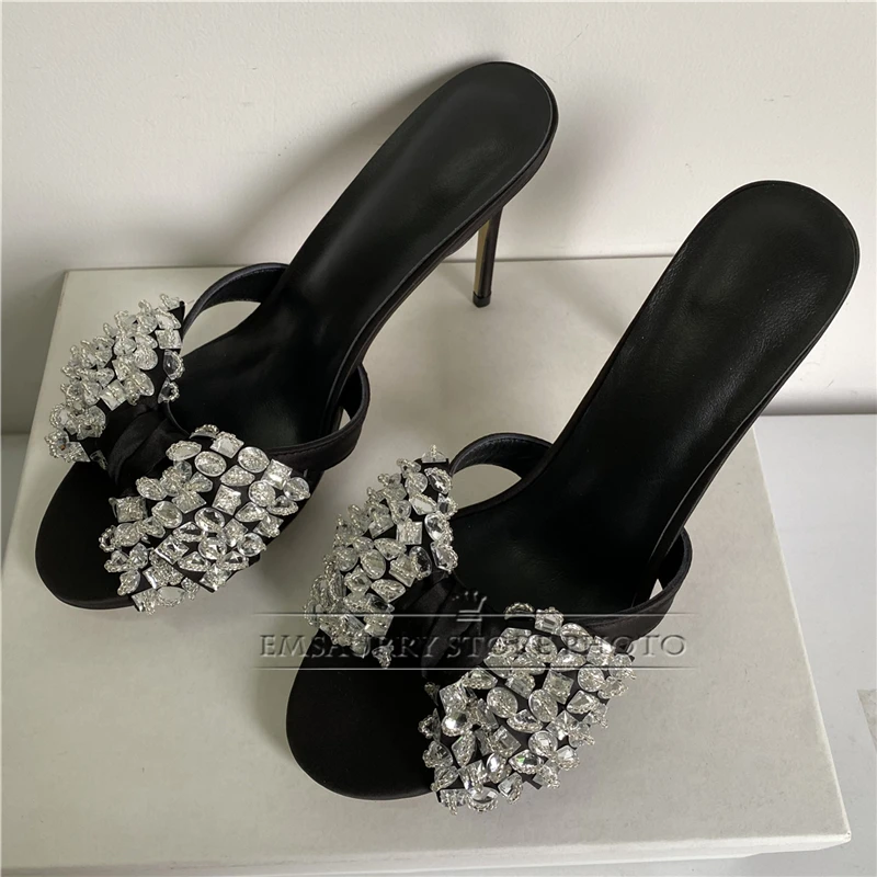 Sewing Rhinestone Butterfly-Knot Sandals Women 10cm Stiletto Heel Luxury Satin Slingbacks Slim Summer Shoes