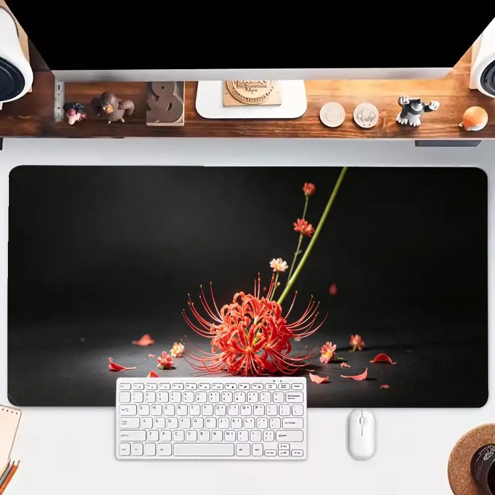 Mousepad Red Spider Lily With Scattered Petals On Dark Surface Elegant Oriental Floral Non Slip Table Mat For Office Laptop