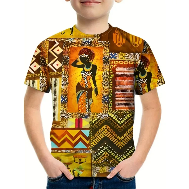 T-shirt de manga curta para menino e menina, estilo étnico africano, desenhos animados, harajuku, moda verão