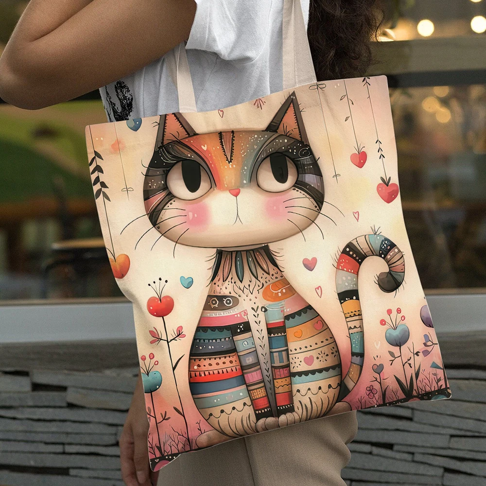 

Cute Cartoon Cat Women Big Capacity Shopping Bags Pet Animal Eco Lady Shopper Bag Girl Daily Commuting Tote Shoulder Handbags