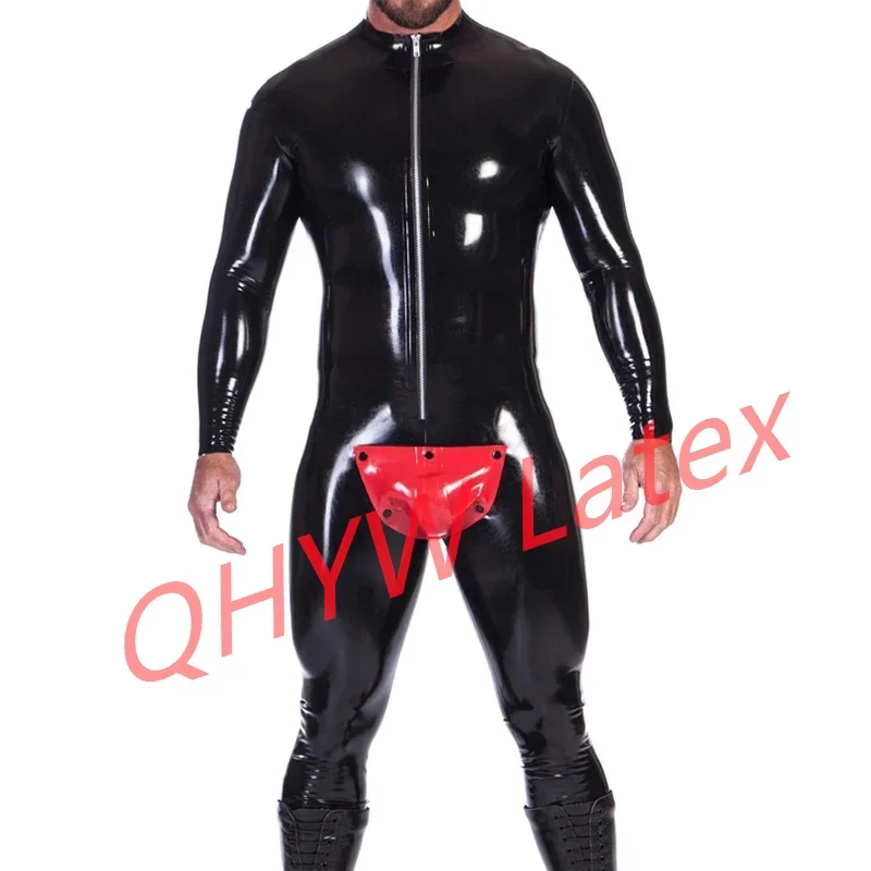 Red and Black Sexy Latex Catsuit with Front Zip Open Hole Codpiece Rubber Bodysuit Zentai Overall