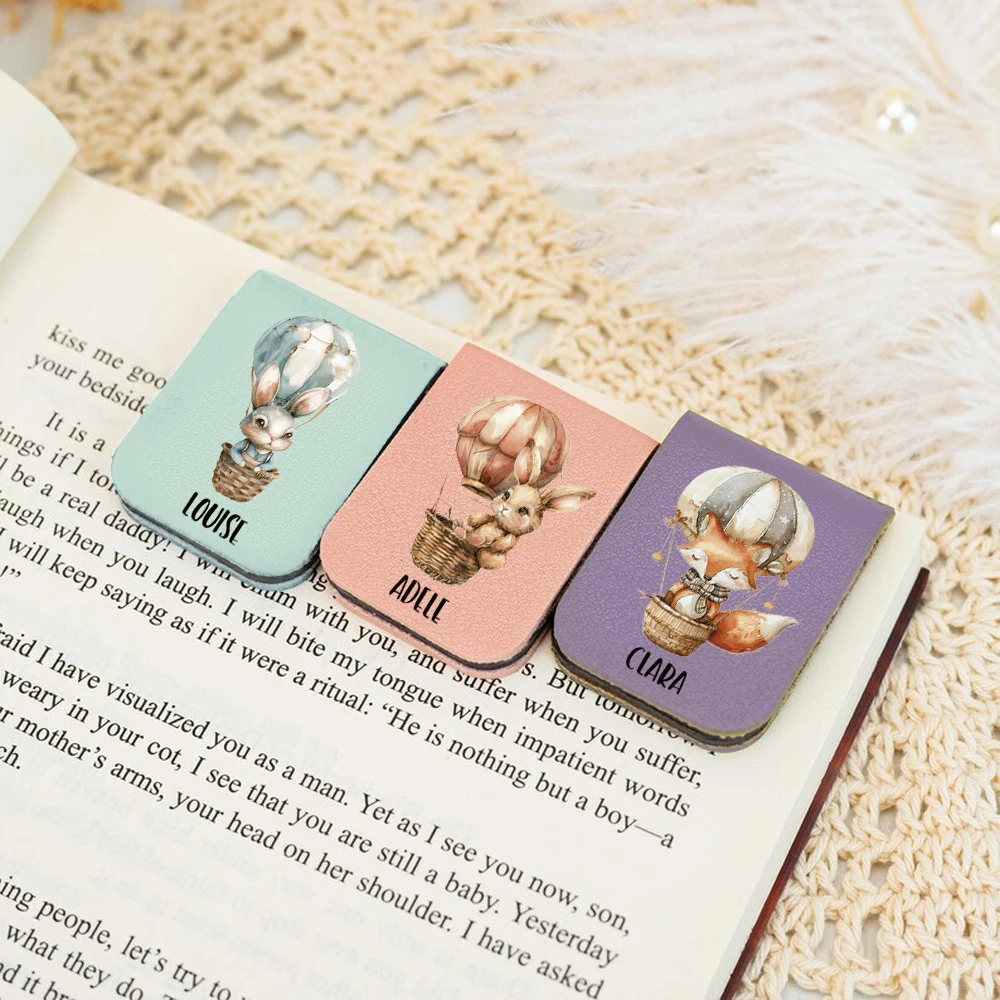 1pc Name Bookmark with Hot air balloon animals,Custom Leather Hot air balloon animals Bookmark,Personalized Magnetic Bookmark