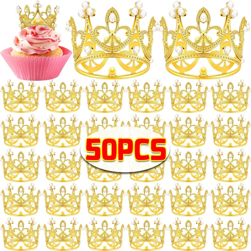 Mini Crown Cake Decoration Pearl Crowns Kids Hair Princess Ornaments DIY Baking Cupcake Topper Wedding Birthday Party Decoration