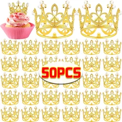 Mini Crown Cake Decoration Pearl Crowns Kids Hair Princess Ornaments DIY Baking Cupcake Topper Wedding Birthday Party Decoration