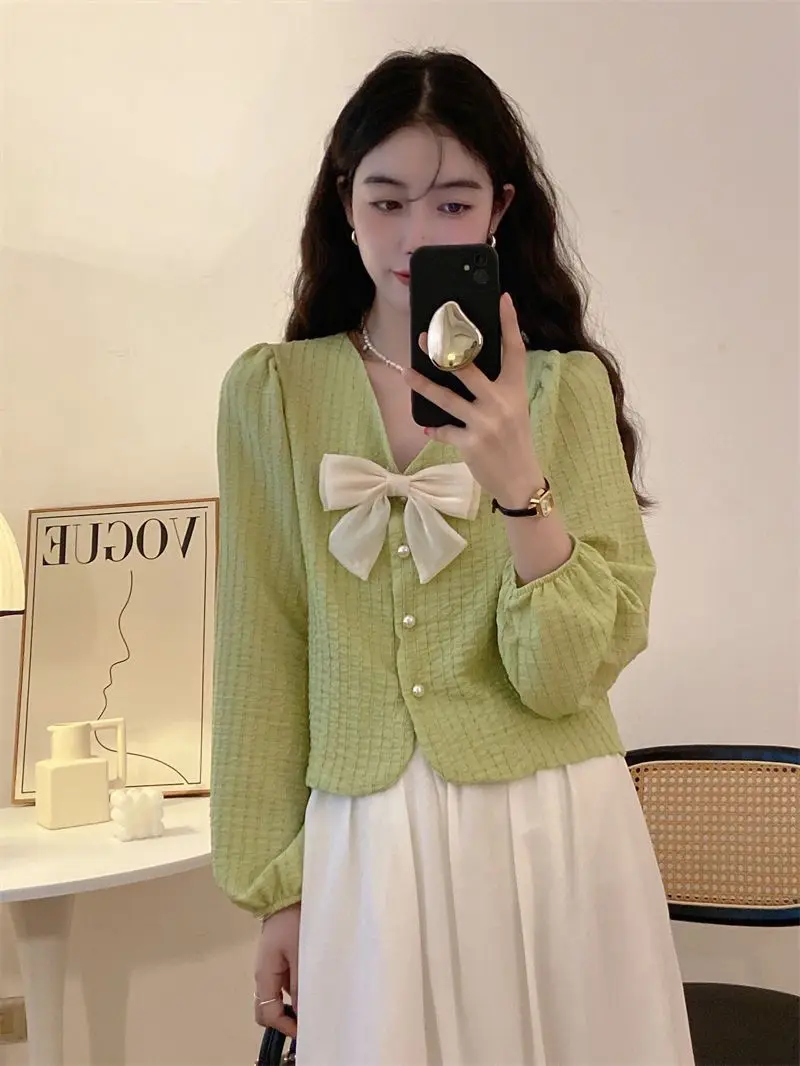 French Bow Shirt Women\'s Long Sleeved Korean Retro Hong Kong Style Thin Chic Top with Bubble Sleeves Pink Shirt Trendy