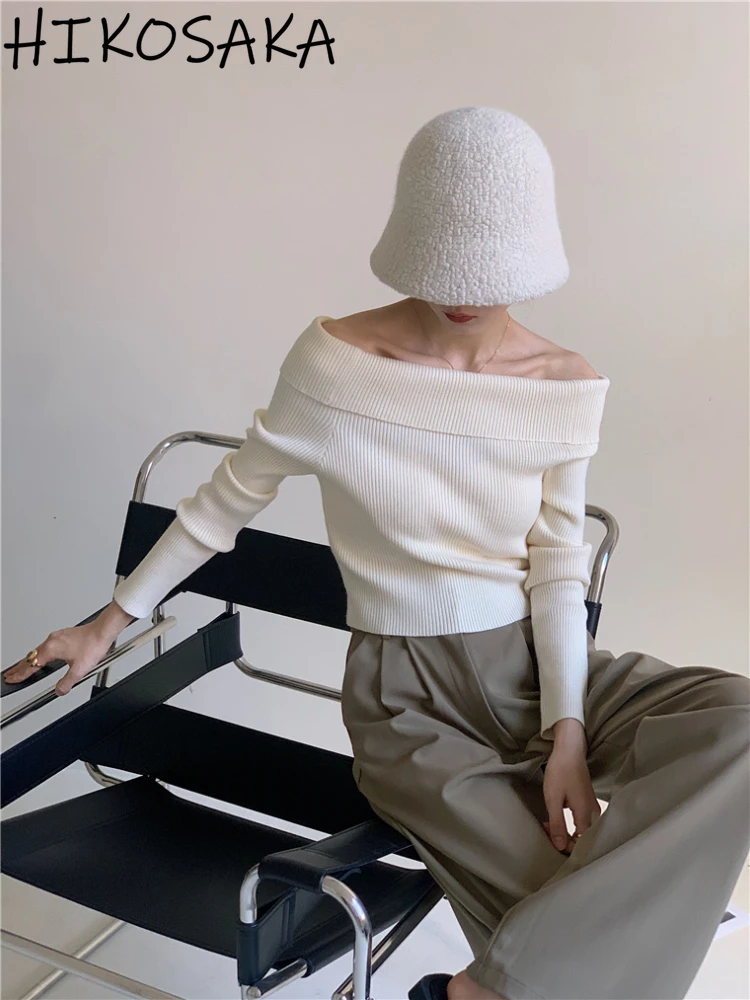 

Sexy Off Shoulder Slash Neck Slim Fit Crop Sweaters Solid Temperament Long Sleeve Knit Pullovers Korean Chic Aesthetci Jumpers