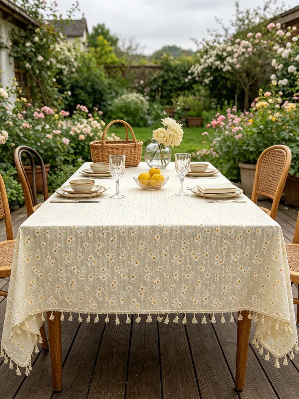 1pc Ins‑Style Daisy Tassel Tablecloth, Dust‑proof Anti‑Slip Fresh Floral Fabric for Dining Table & Desk Home Decoration
