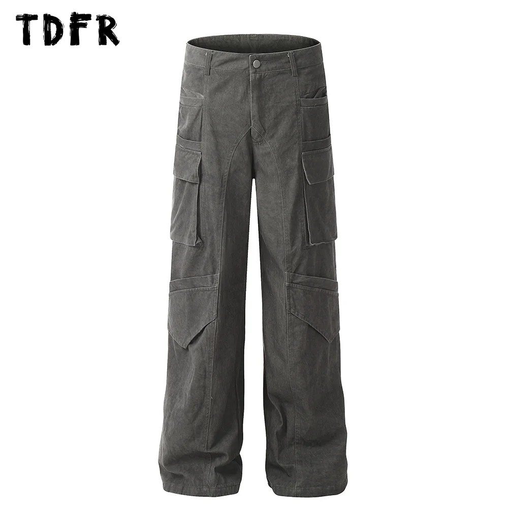 

Pocket Spliced Cargo Pants Mens Patchwork Solid Color Streetwear Straight Loose Wide leg Trousers Men